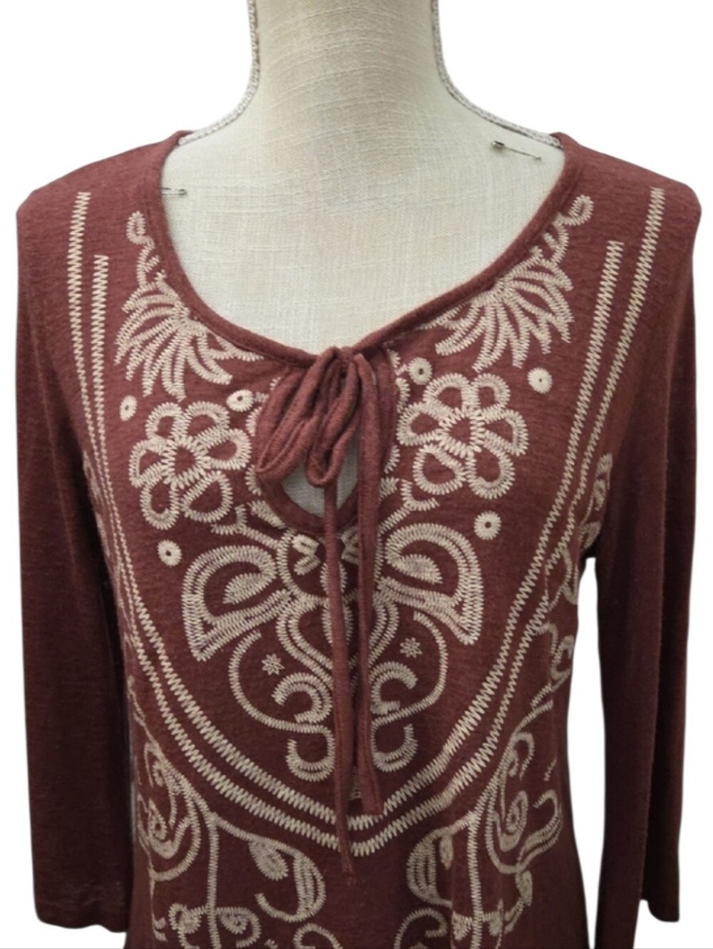 Cozy Casual Rust Long-Sleeve Embroidered Tie-Neck Top - Picture 3 of 5